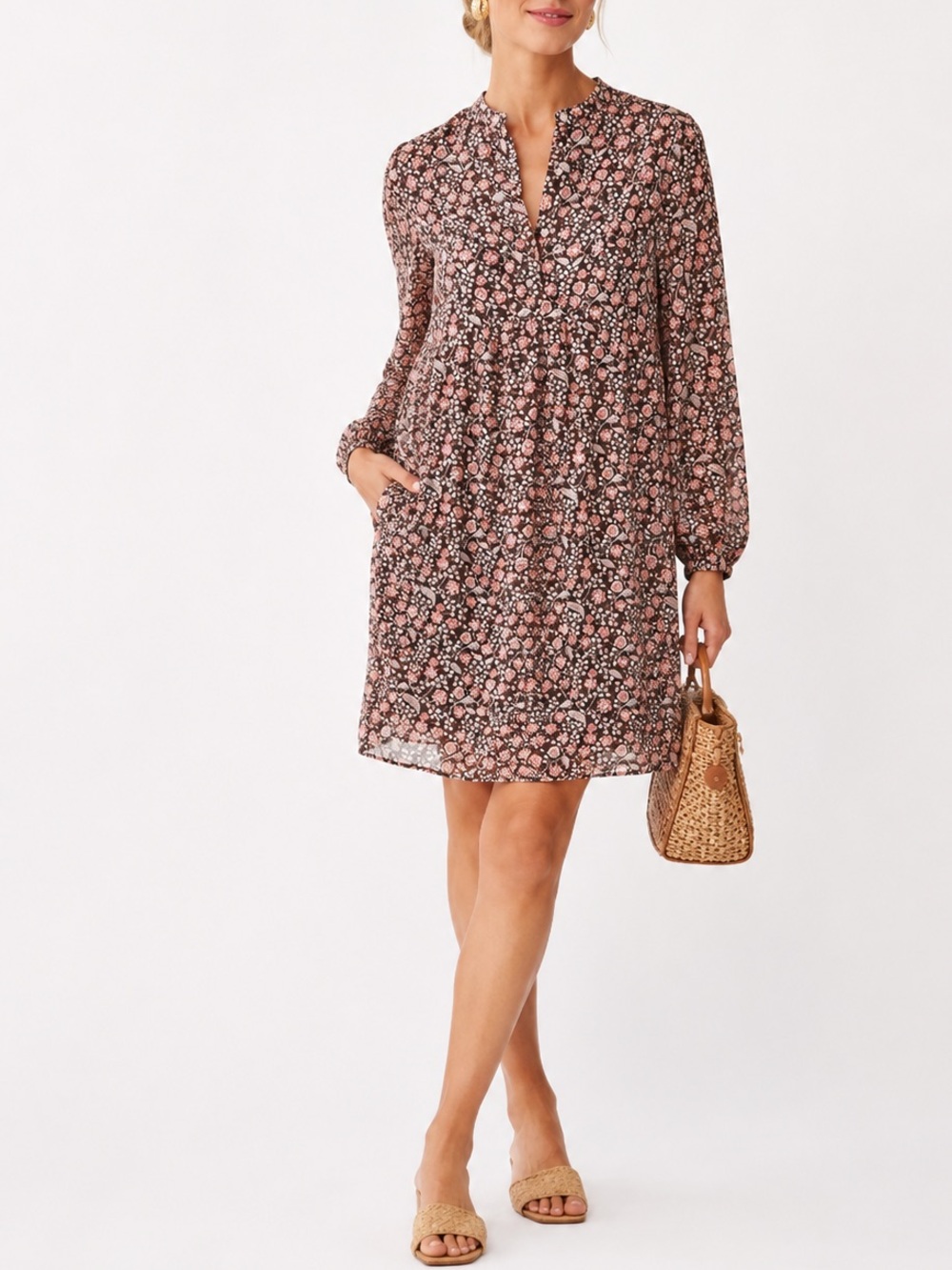 J. McLaughlin Tavia Folkloric Vine Brown Floral
Printed Dress Office Vacation